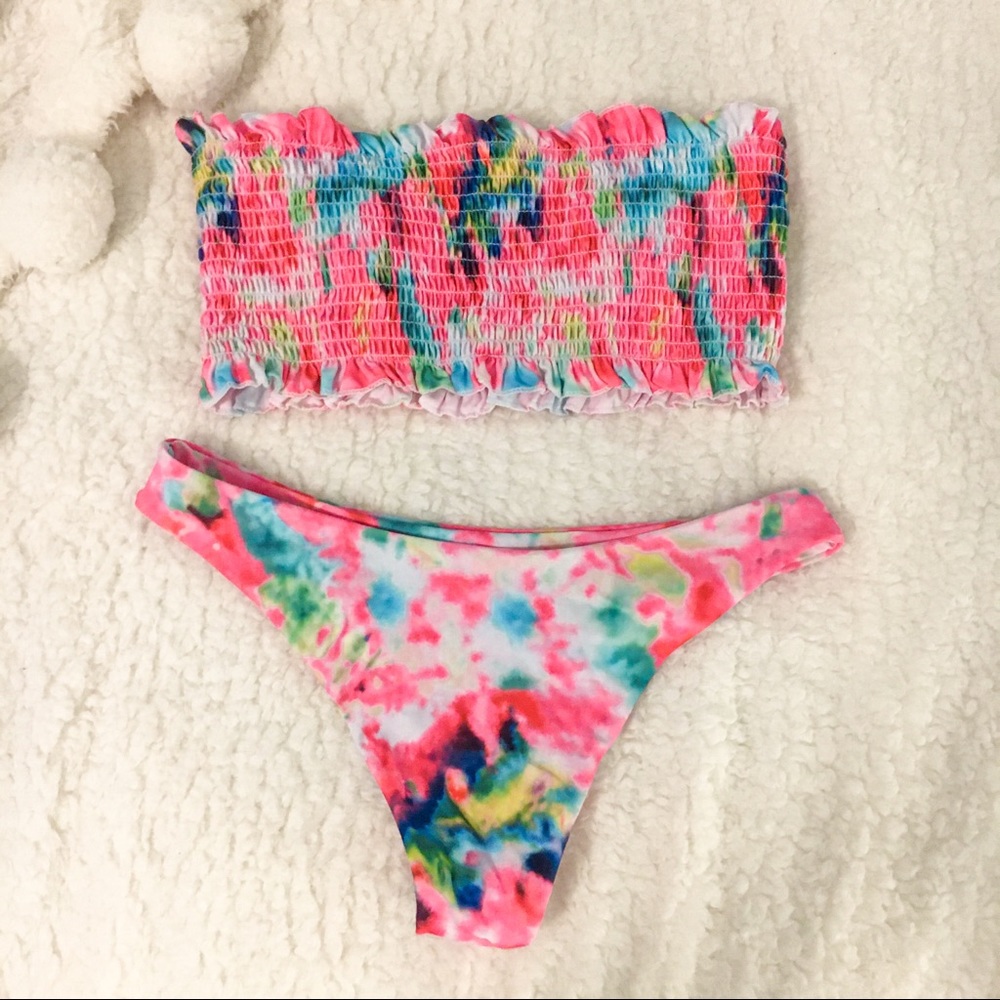 Watercolor Tie Dye Smocked Shein Bikini NWT